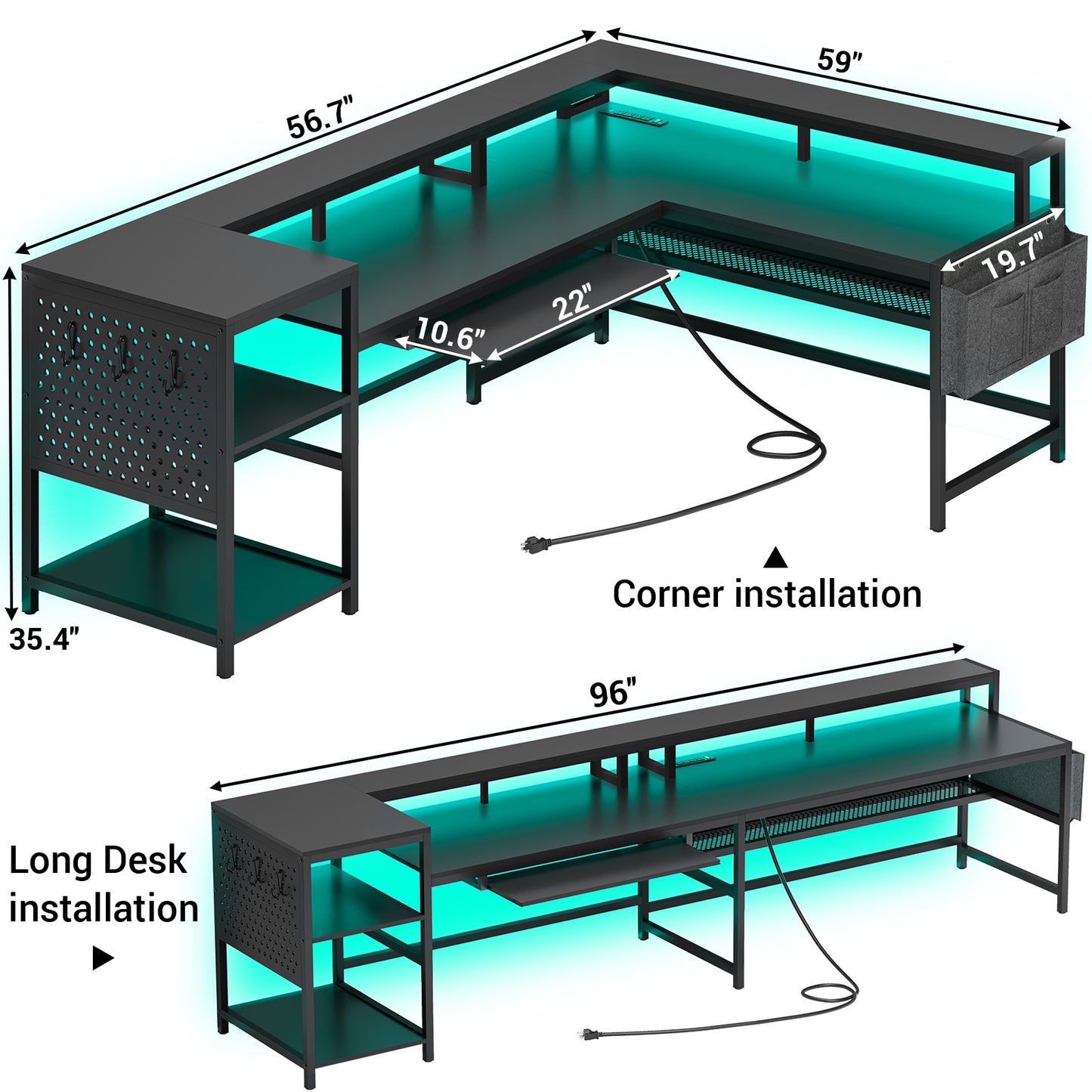 L Shaped Desk with LED Light and Power Outlet, Reversible Corner Computer Desk, Black