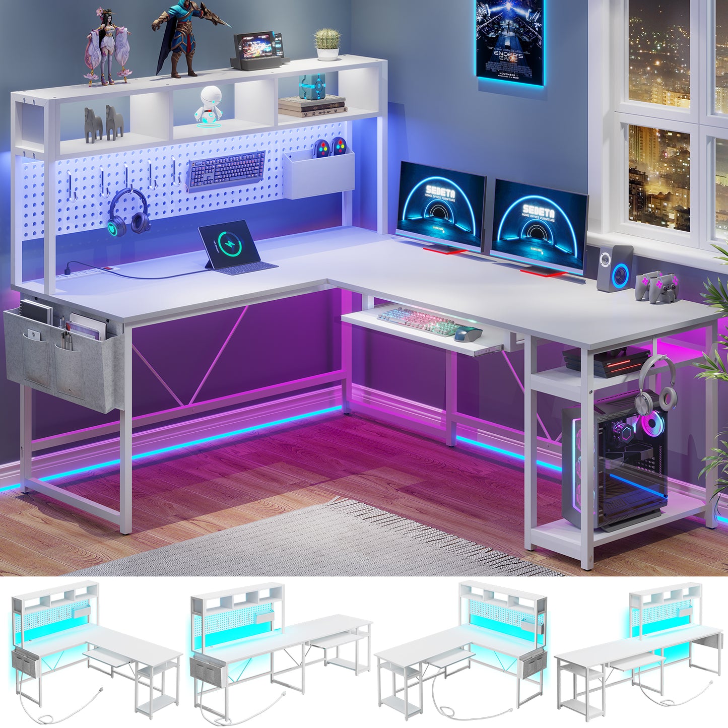 L Shaped Computer Desk, Reversible Gaming Desk with LED Lights, White