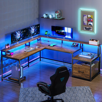 L Shaped Computer Desk with Power Outlet and LED Lights, Long Desk for 2 Person, Rustic Brown