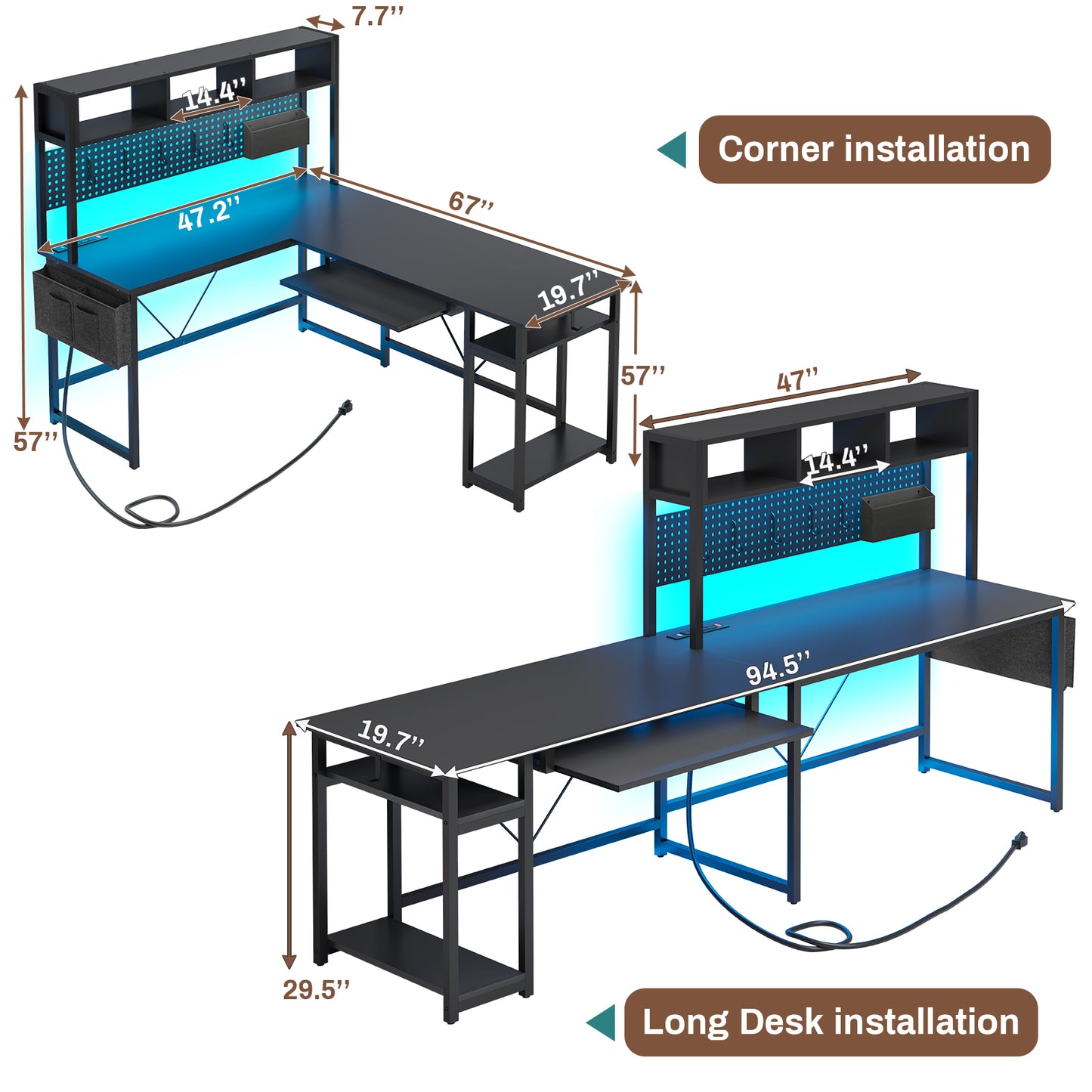 L Shaped Computer Desk, Reversible Gaming Desk with LED Lights, Black