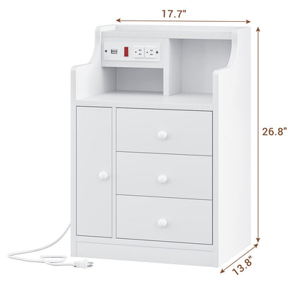 Nightstand with Charging Station, Bedside Table with 3 Storage Drawers, Black/ White