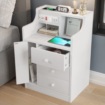 Nightstand with Charging Station, Bedside Table with 3 Storage Drawers, Black/ White