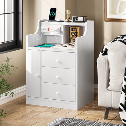 Nightstand with Charging Station, Bedside Table with 3 Storage Drawers, Black/ White