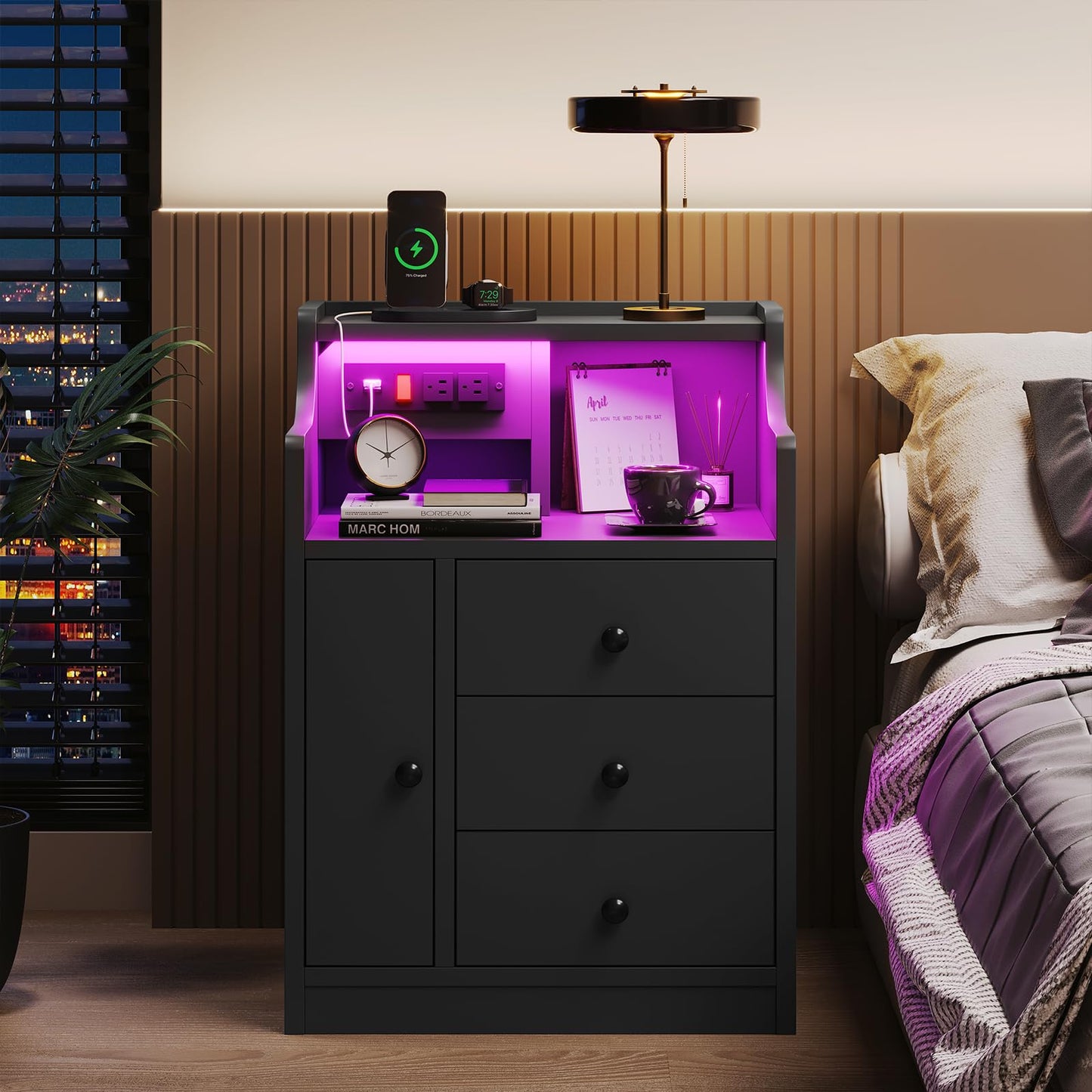 LED Nightstand with Charging Station,  Bedside Table with Drawers