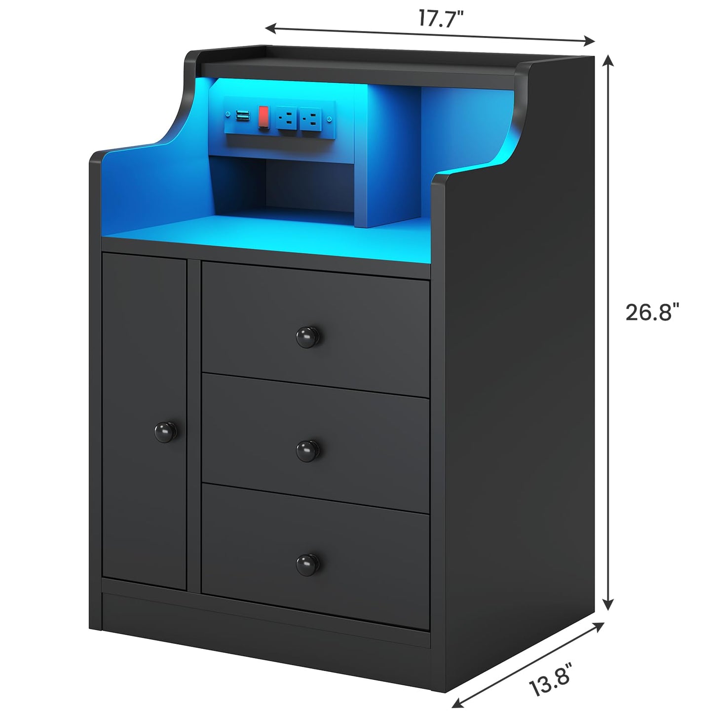 LED Nightstand with Charging Station,  Bedside Table with Drawers