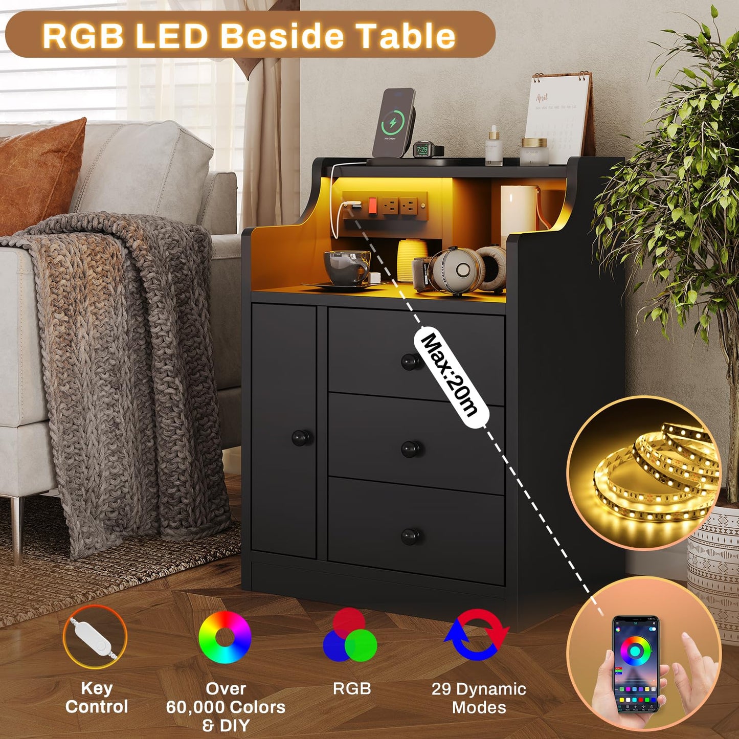 LED Nightstand with Charging Station,  Bedside Table with Drawers