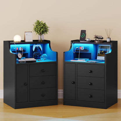 LED Nightstand with Charging Station,  Bedside Table with Drawers