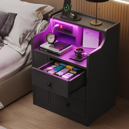 LED Nightstand with Charging Station,  Bedside Table with Drawers