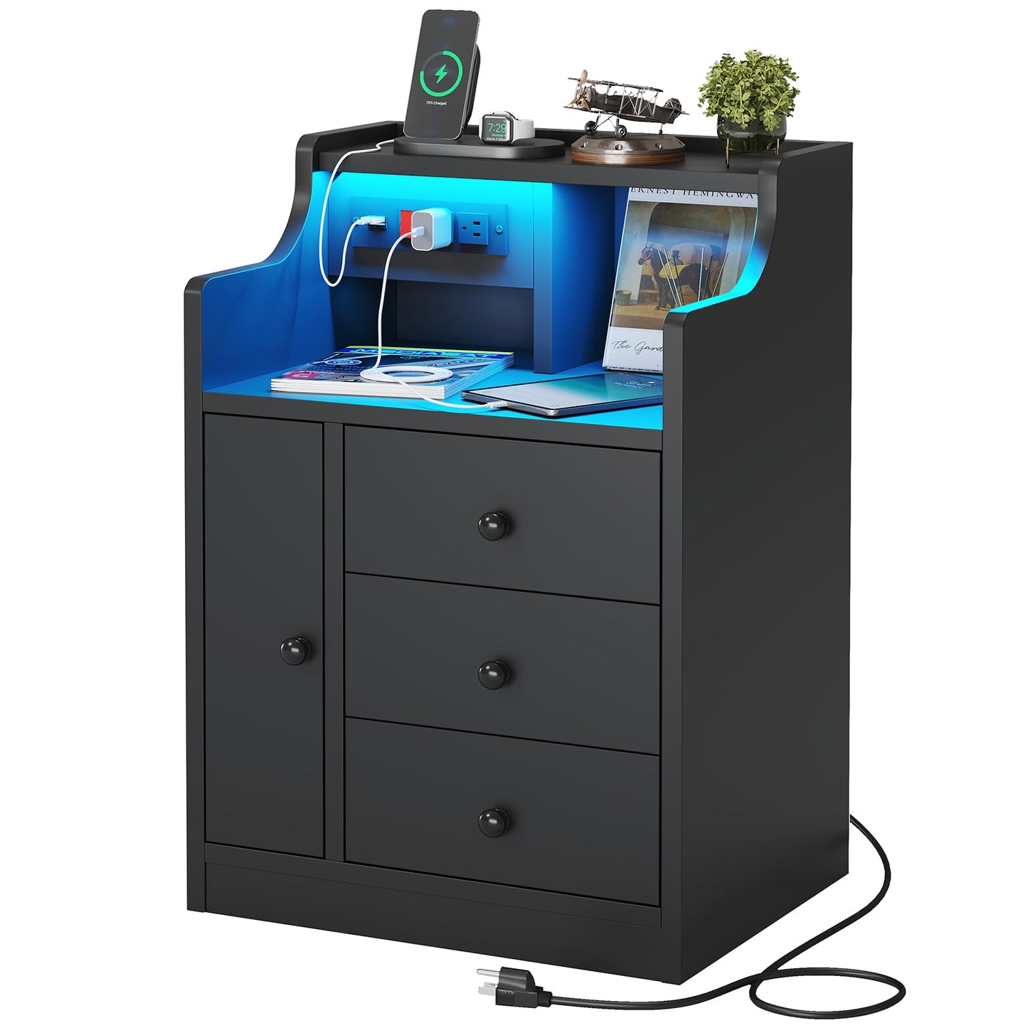 LED Nightstand with Charging Station,  Bedside Table with Drawers