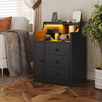 LED Nightstand with Charging Station,  Bedside Table with Drawers