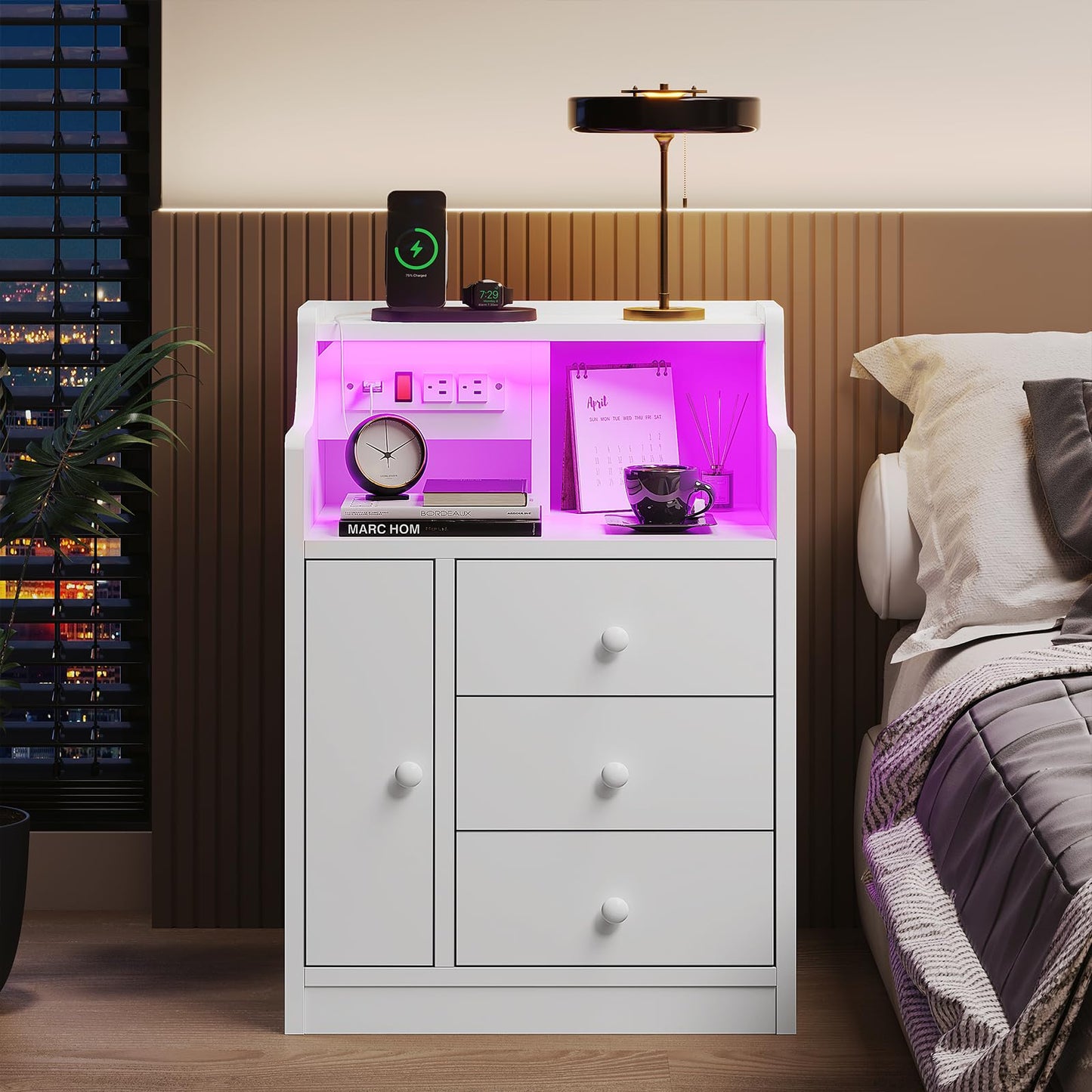 LED Nightstand with Charging Station,  Bedside Table with Drawers