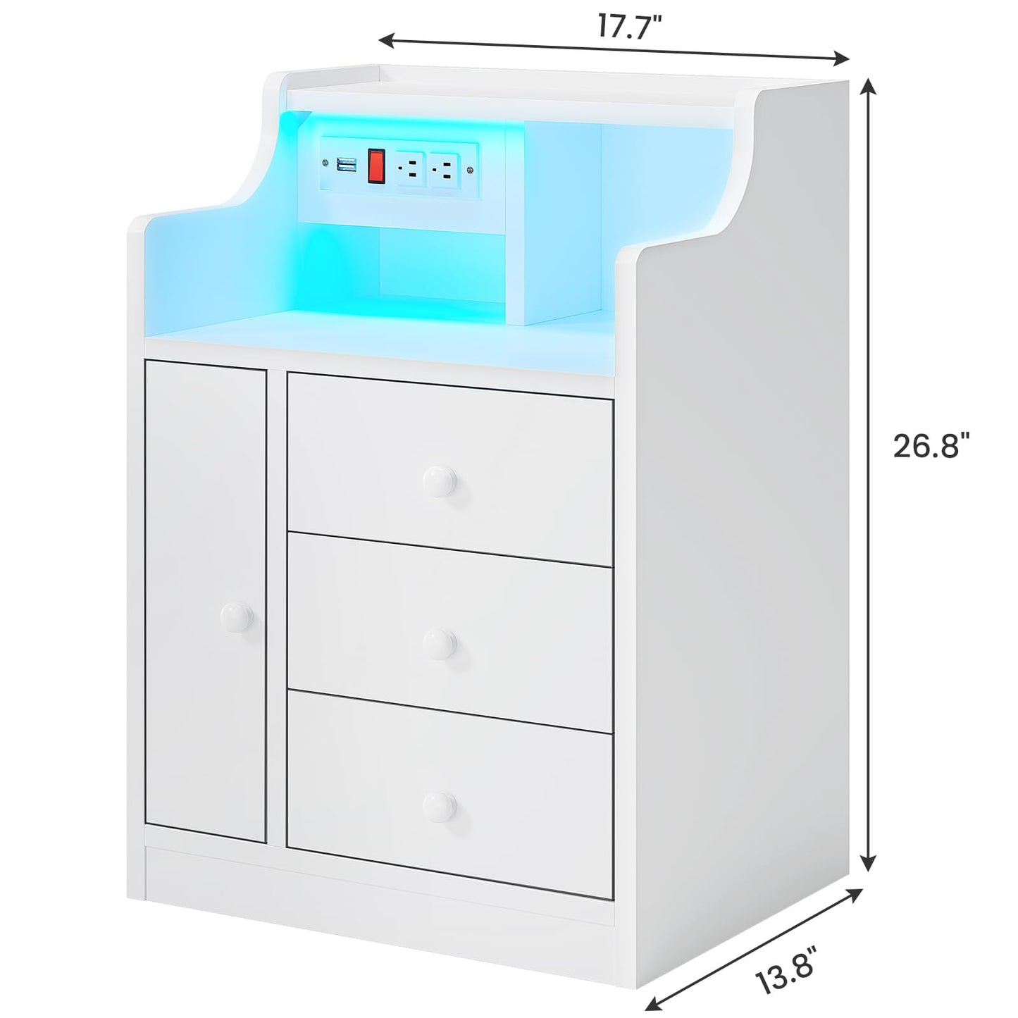 LED Nightstand with Charging Station,  Bedside Table with Drawers