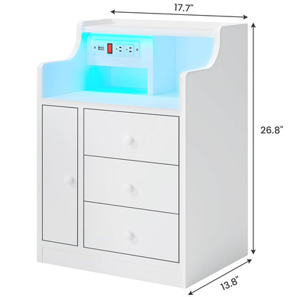 LED Nightstand with Charging Station,  Bedside Table with Drawers