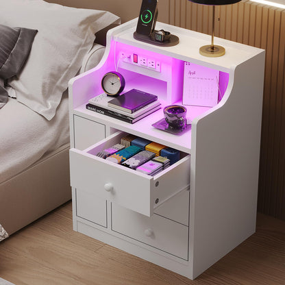 LED Nightstand with Charging Station,  Bedside Table with Drawers