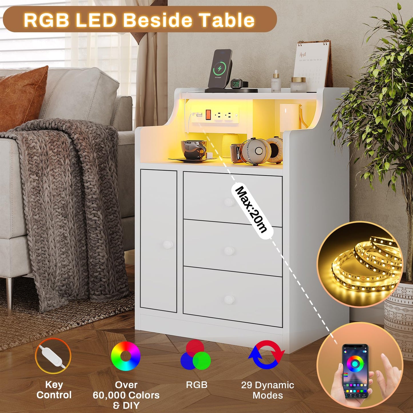 LED Nightstand with Charging Station,  Bedside Table with Drawers