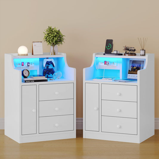 Nightstand Set of 2 with Charging Station and LED Lights, White