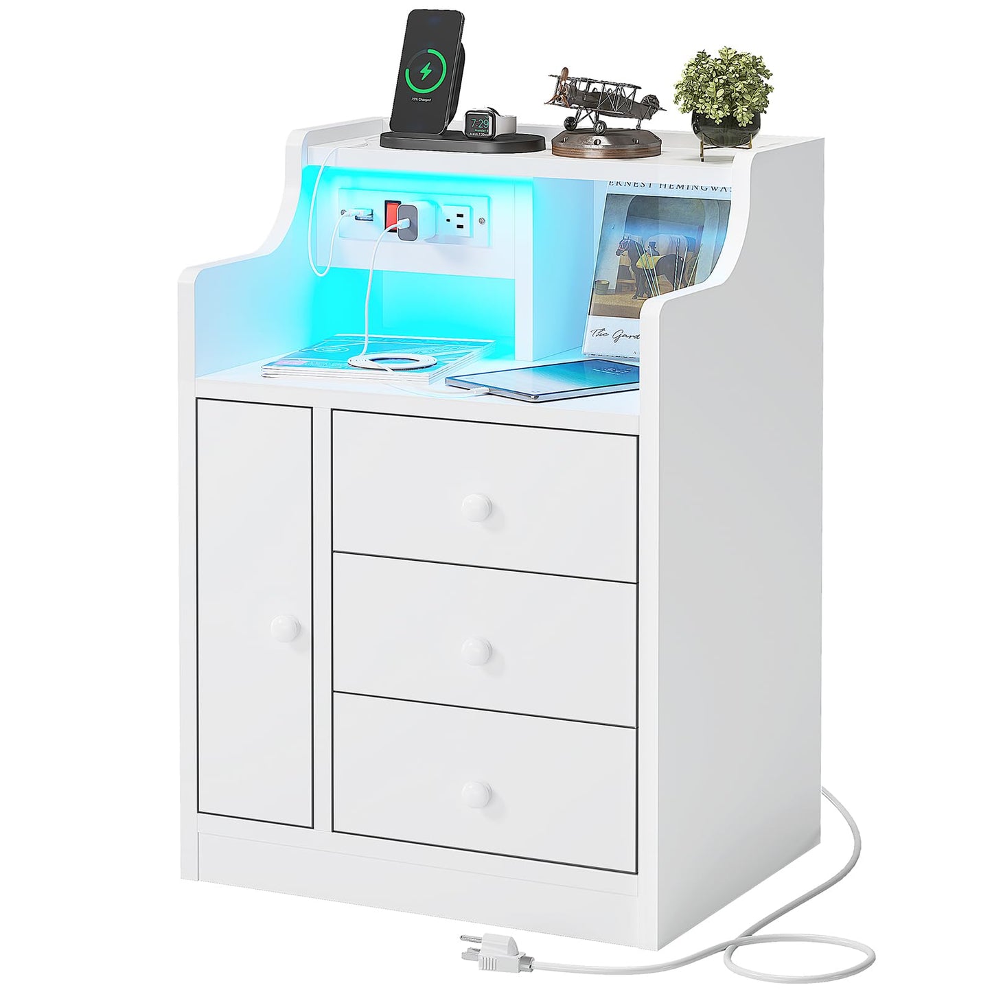 LED Nightstand with Charging Station,  Bedside Table with Drawers