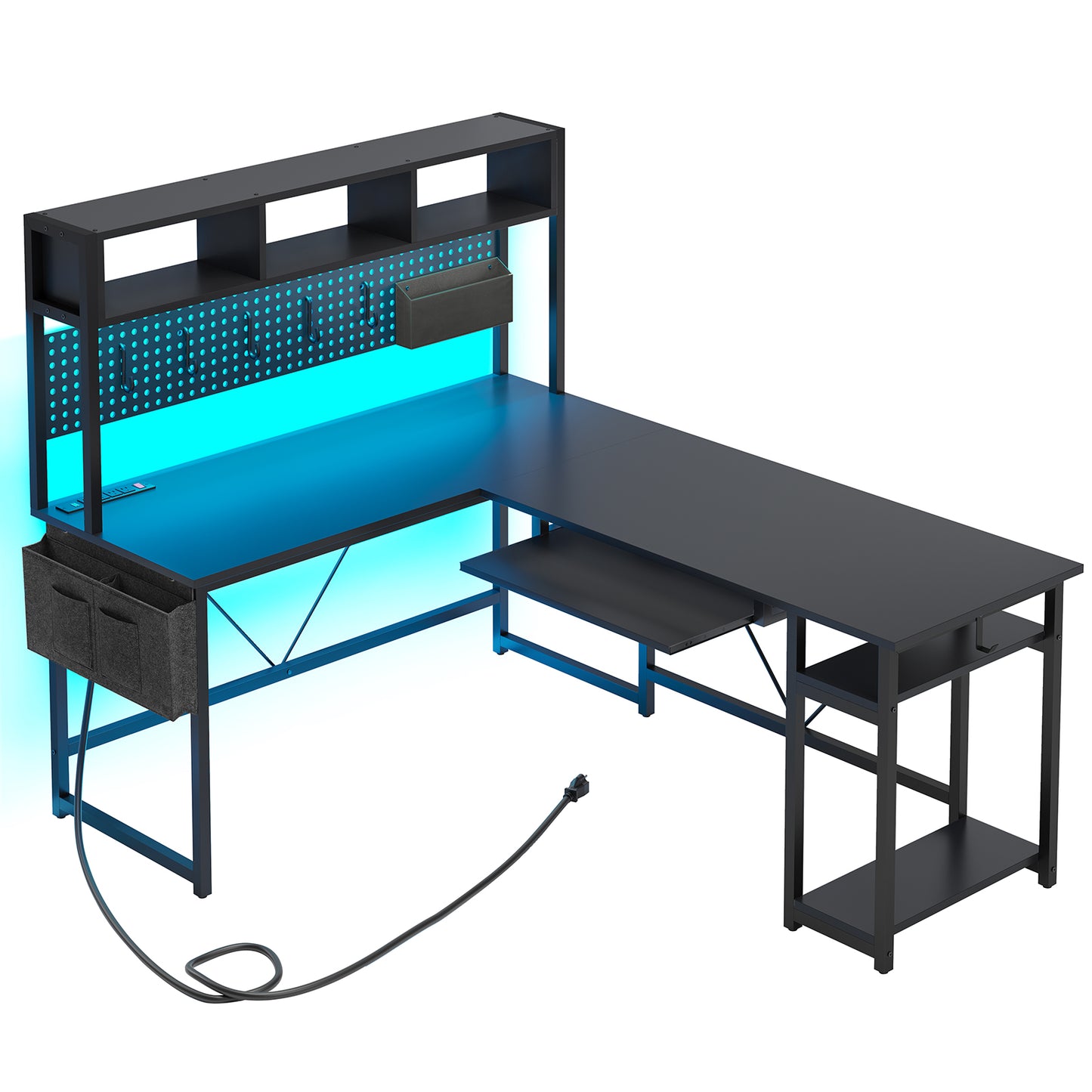 L Shaped Computer Desk, Reversible Gaming Desk with LED Lights, Black