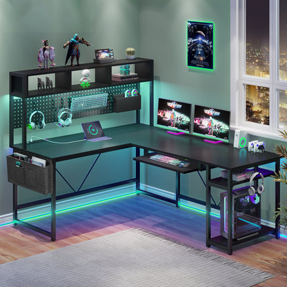 L Shaped Computer Desk, Reversible Gaming Desk with LED Lights, Black