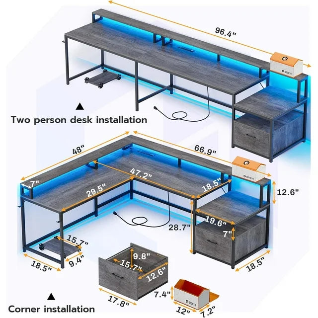 L Shaped Computer Desk with Power Outlet and LED Lights, Long Desk for 2 Person, Gray