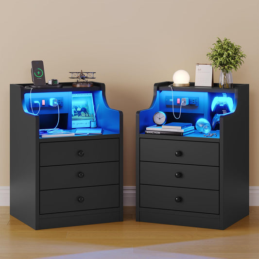 LED Nightstand Set of 2 with Charging Station, Black