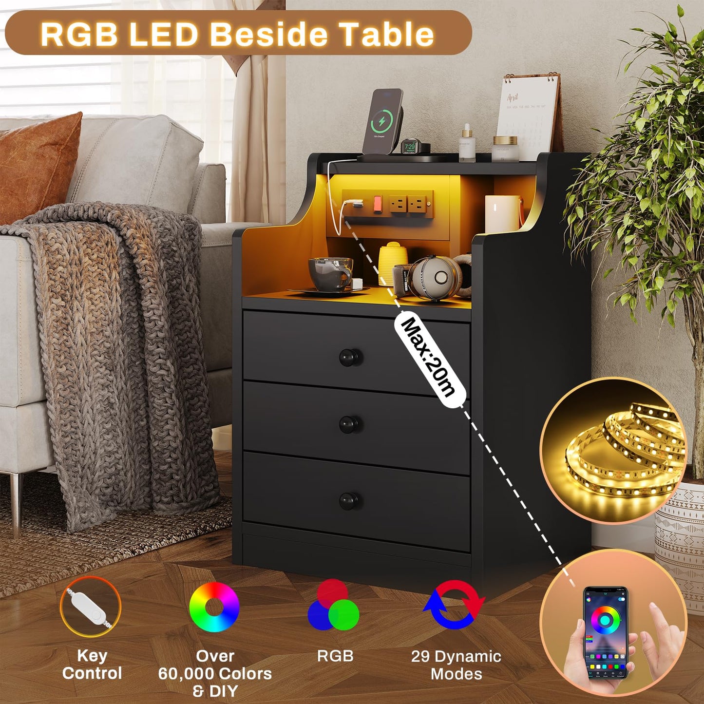 LED Nightstand with Charging Station, Black