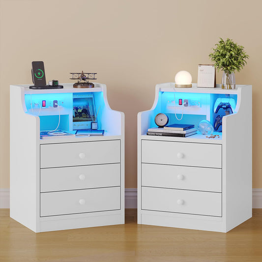 LED Nightstand Set of 2 with Charging Station, White