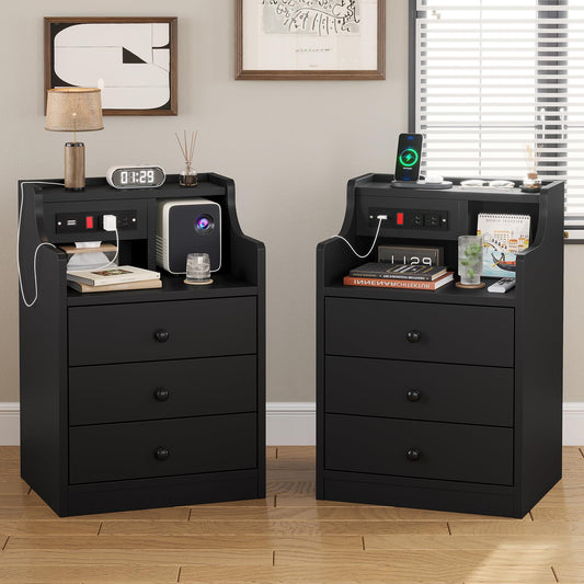 Nightstand Set of 2 with Charging Station and 3 Storage Drawers, Black