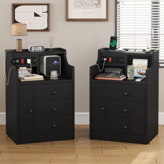 Nightstand Set of 2 with Charging Station, Black