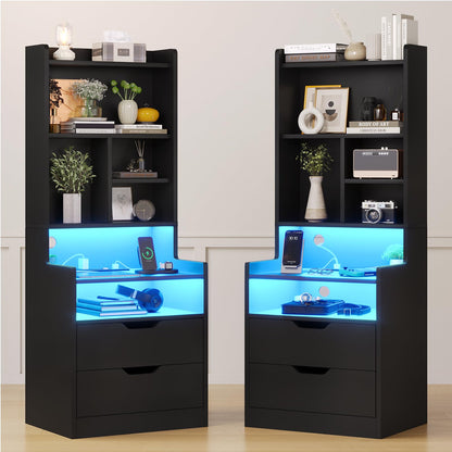 LED Tall Nightstand Set of 2 with Charging Station, Black