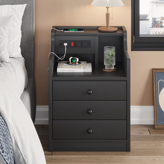 Nightstand with Charging Station and 3 Drawer, Black