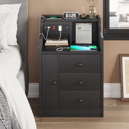 Nightstand Set of 2 with Charging Station, Black