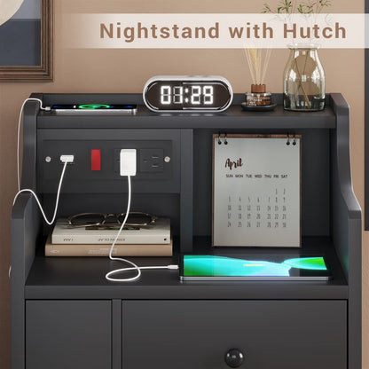 Nightstand Set of 2 with Charging Station, Black