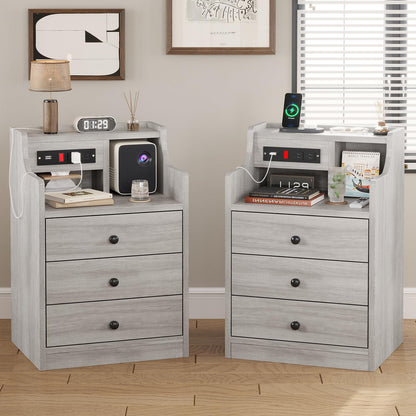 Nightstand Set of 2 with Charging Station and 3 Storage Drawers, Grey