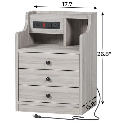 Nightstand Set of 2 with Charging Station and 3 Storage Drawers, Grey