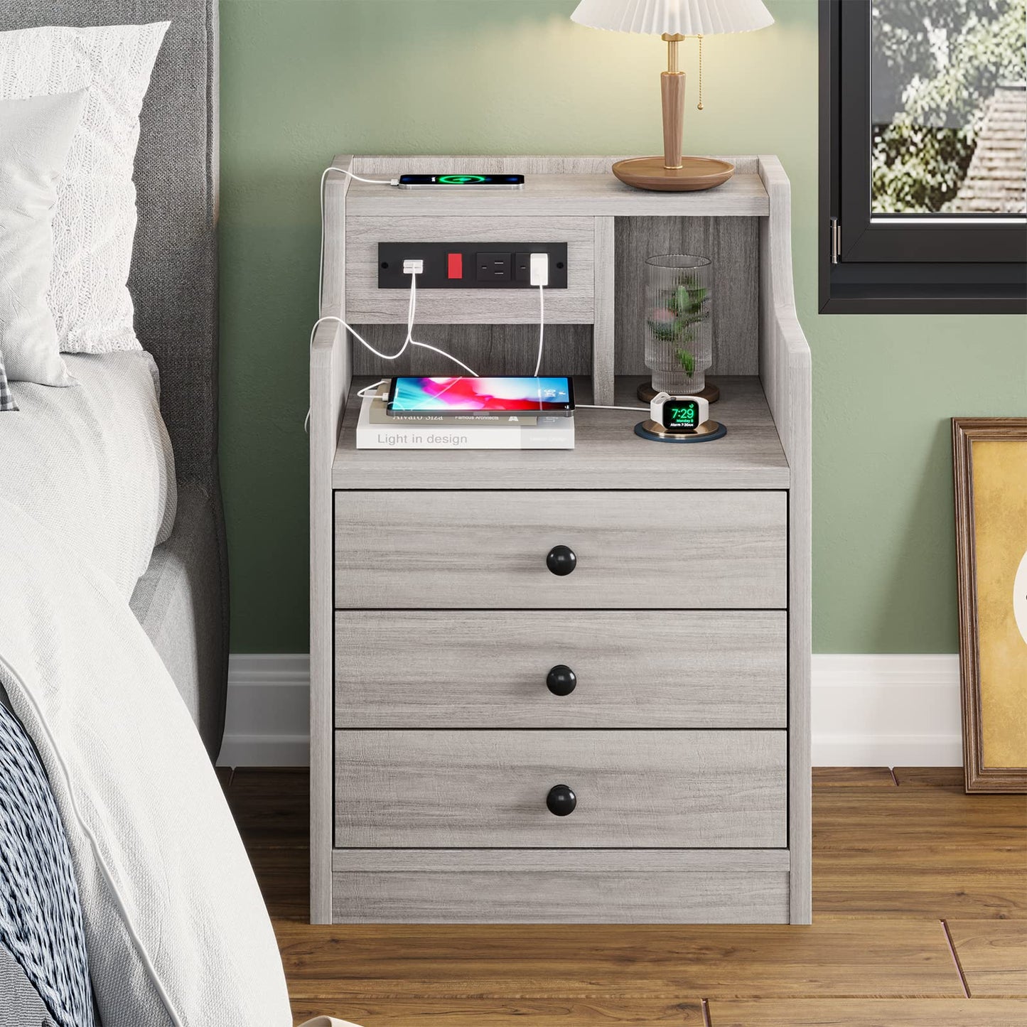 Nightstand Set of 2 with Charging Station and 3 Storage Drawers, Grey