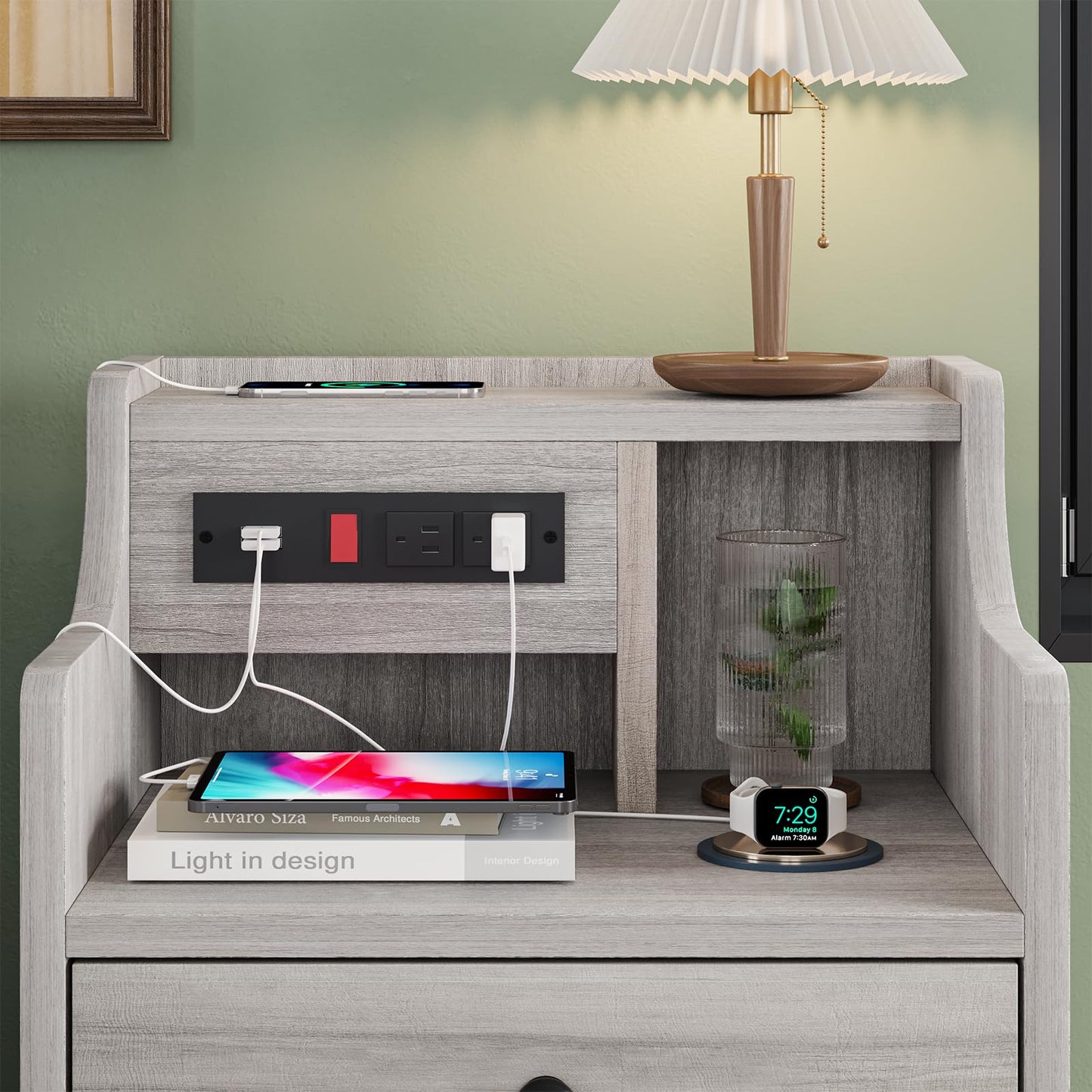 Nightstand Set of 2 with Charging Station and 3 Storage Drawers, Grey