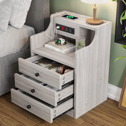 Nightstand Set of 2 with Charging Station and 3 Storage Drawers, Grey