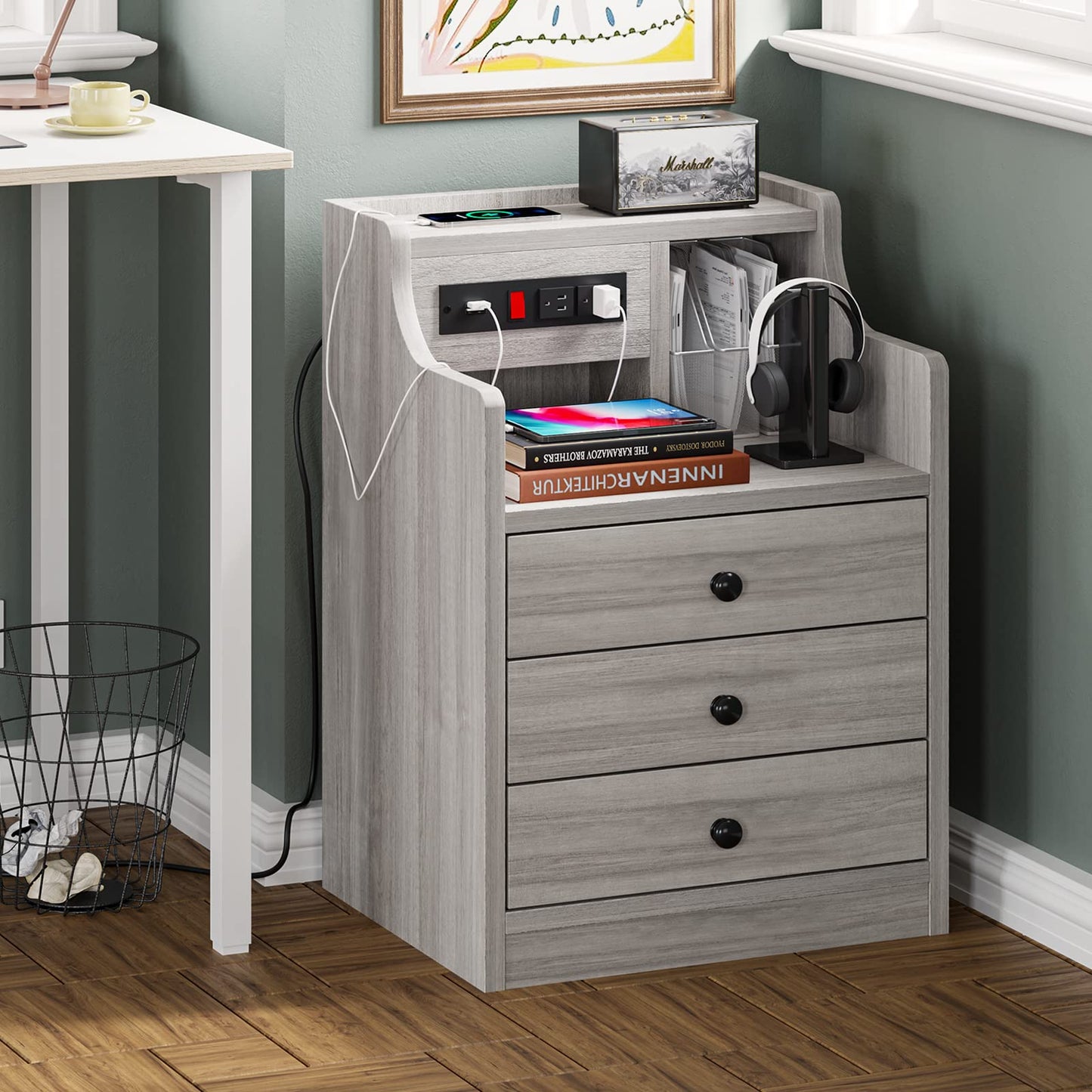 Nightstand Set of 2 with Charging Station and 3 Storage Drawers, Grey