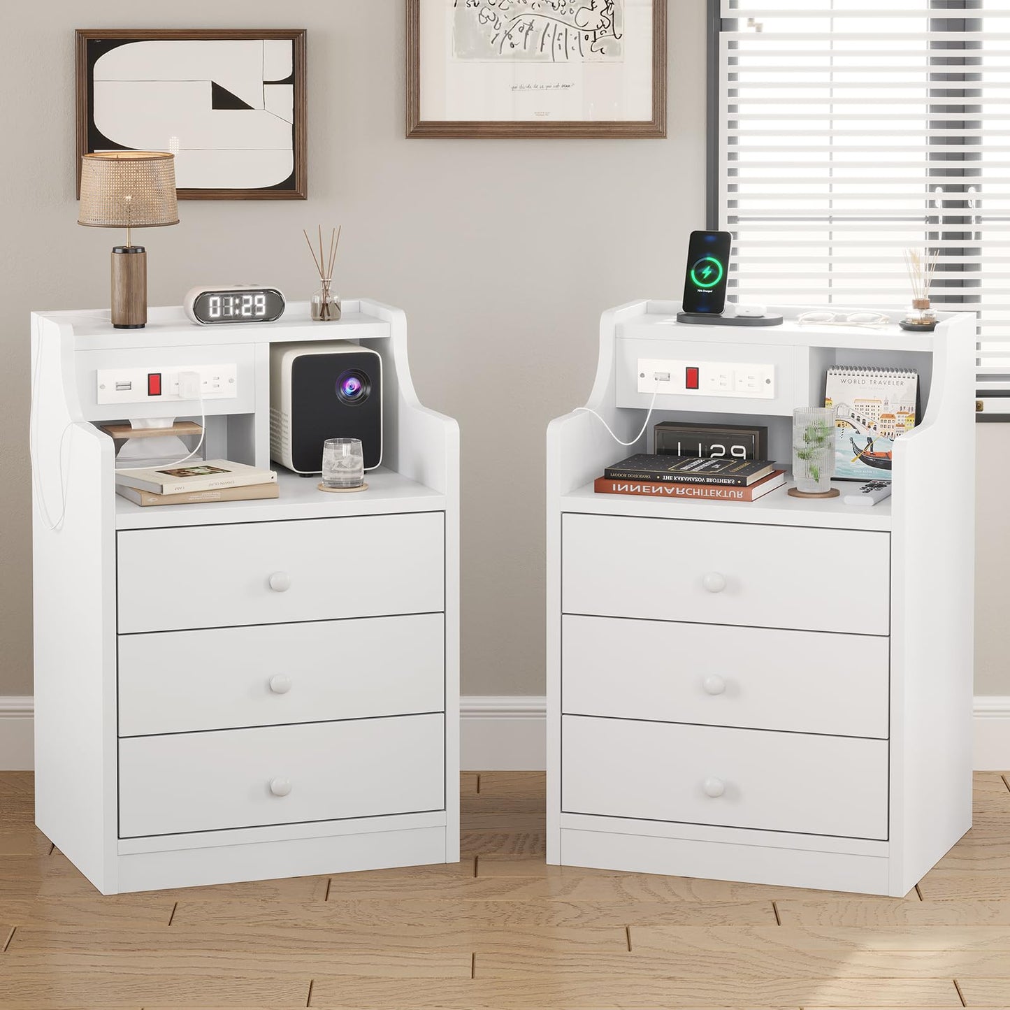 Set of 2 Nightstand with Charging Station and 3 Storage Drawers, White