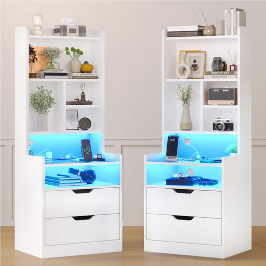 LED Tall Nightstand Set of 2 with Charging Station, White