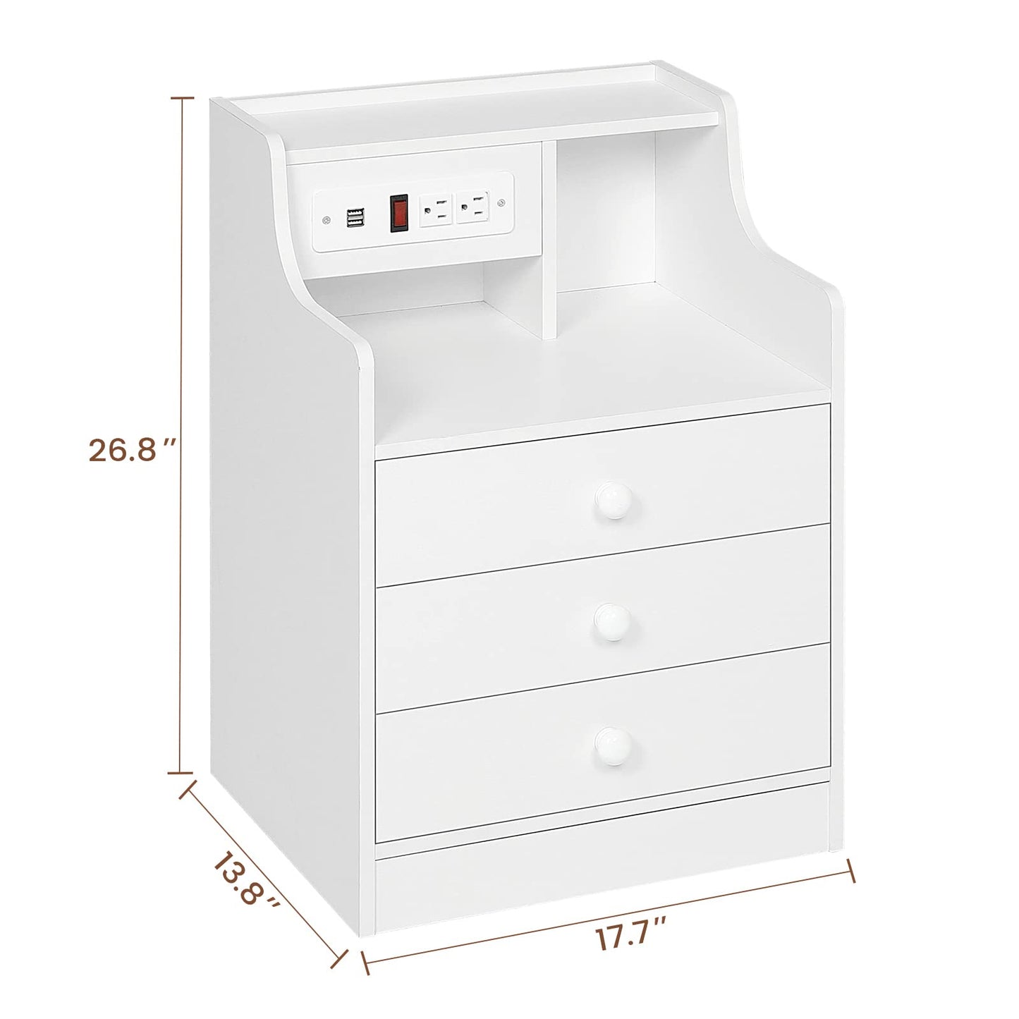 Set of 2 Nightstand with Charging Station and 3 Storage Drawers, White