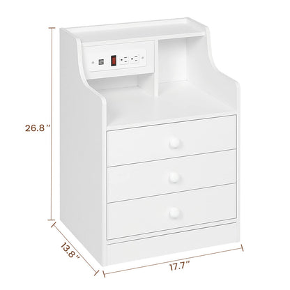 Set of 2 Nightstand with Charging Station and 3 Storage Drawers, White