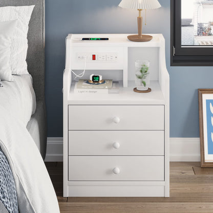 Set of 2 Nightstand with Charging Station and 3 Storage Drawers, White