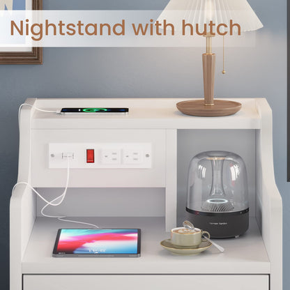 Set of 2 Nightstand with Charging Station and 3 Storage Drawers, White