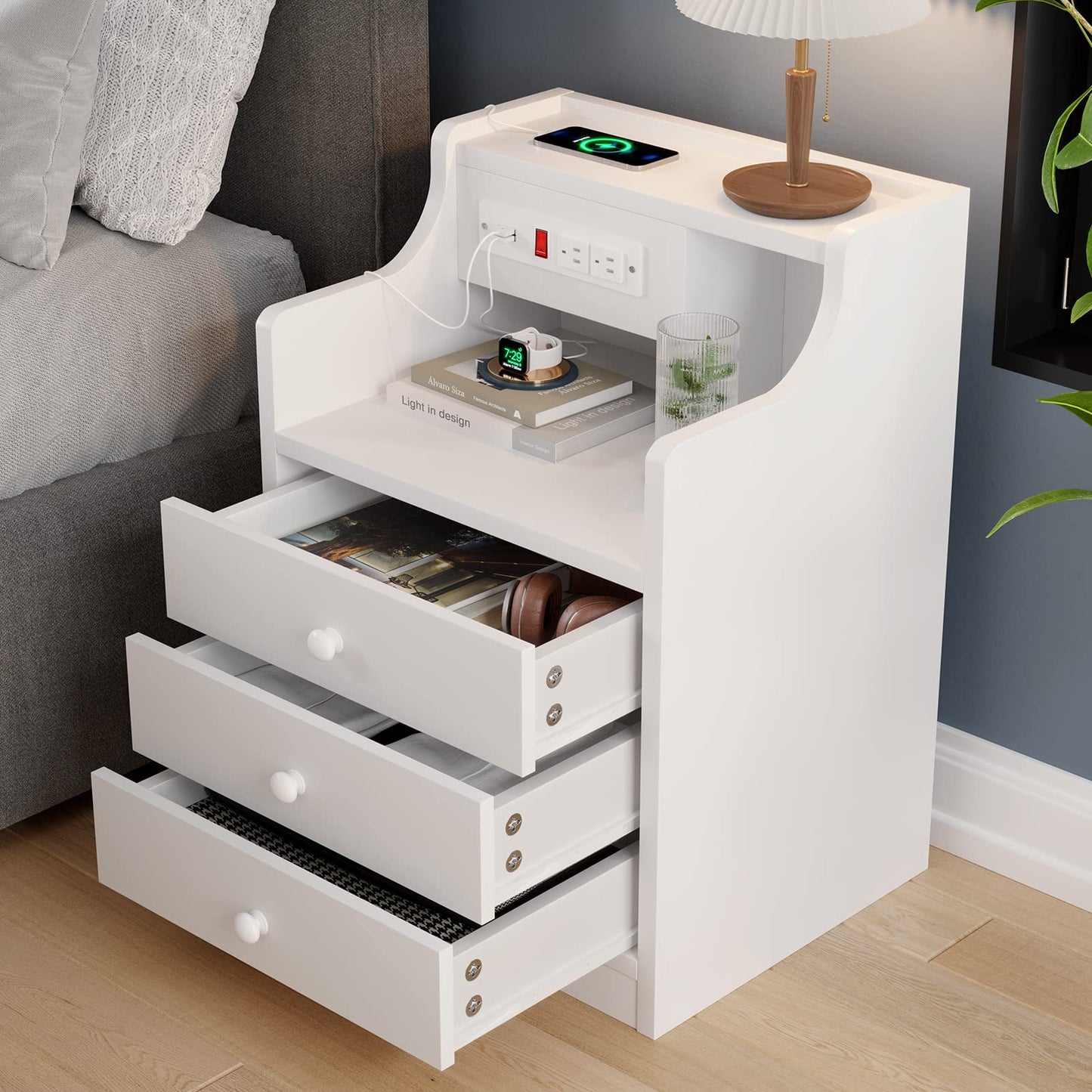 Set of 2 Nightstand with Charging Station and 3 Storage Drawers, White