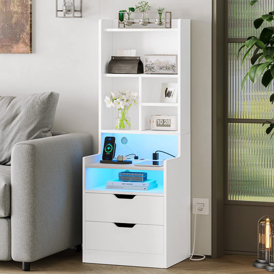 LED Tall Nightstand with Charging Station, White