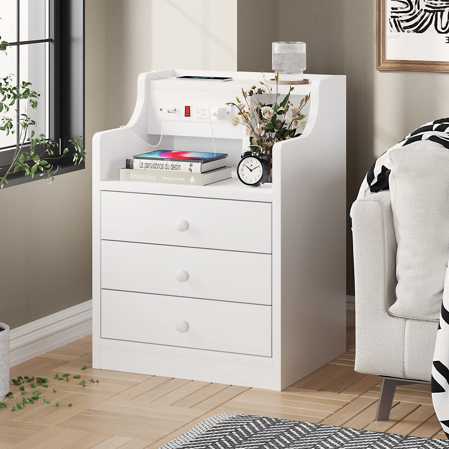 Set of 2 Nightstand with Charging Station and 3 Storage Drawers, White