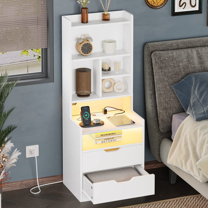 LED Tall Nightstand with Charging Station, White