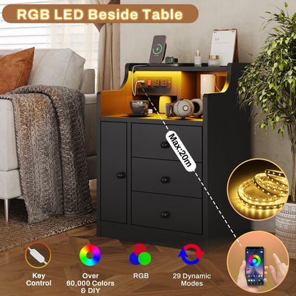 LED Nightstand Set of 2 with Charging Station, Modern Bedside Table with Sliding Drawer, Black